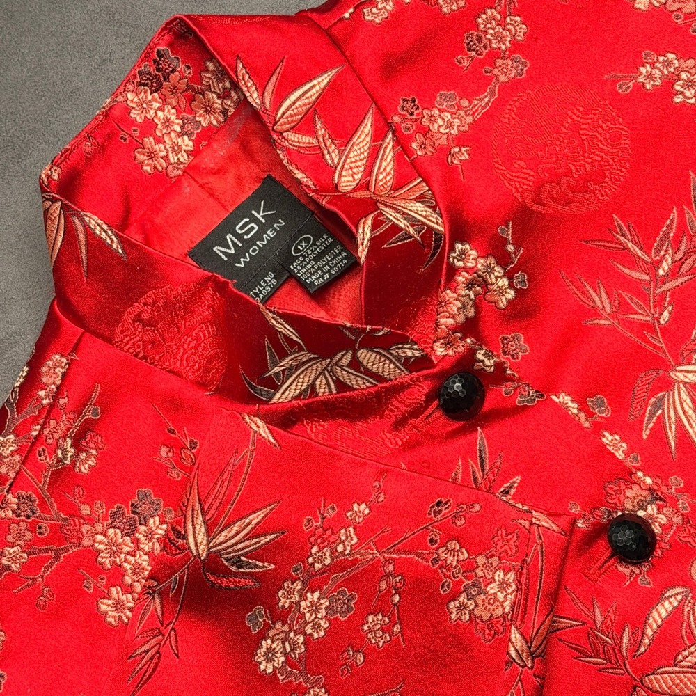 MSK Women Jacket Blouse 1X‎ Red Silk Blend Mandarin Collar Floral Brocade 2A0378